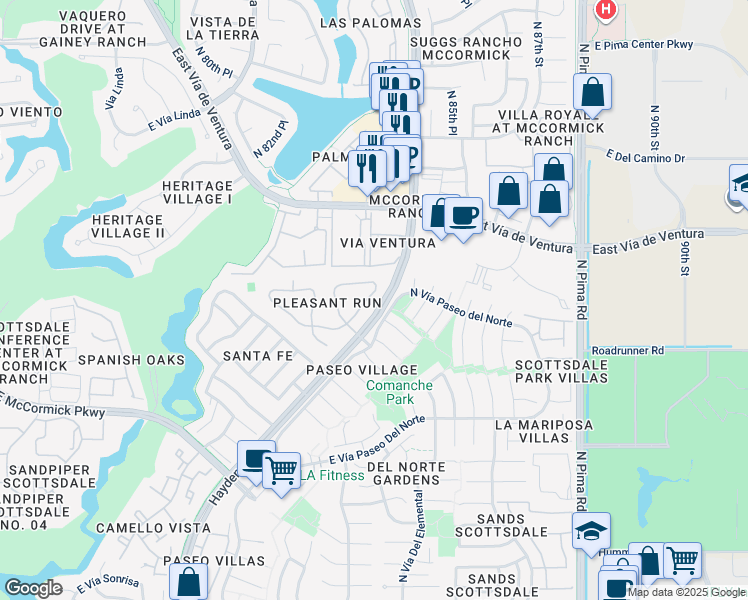map of restaurants, bars, coffee shops, grocery stores, and more near 8404 East Vía de Jardin in Scottsdale
