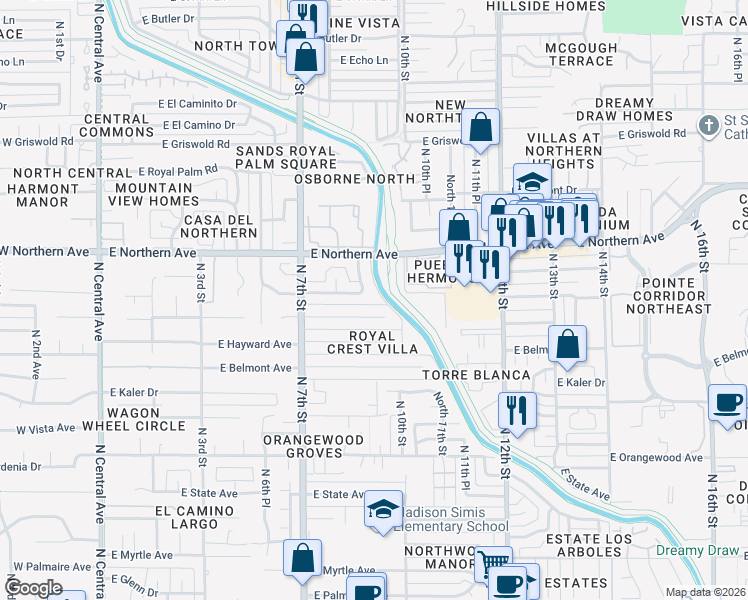 map of restaurants, bars, coffee shops, grocery stores, and more near 828 East Desert Park Lane in Phoenix