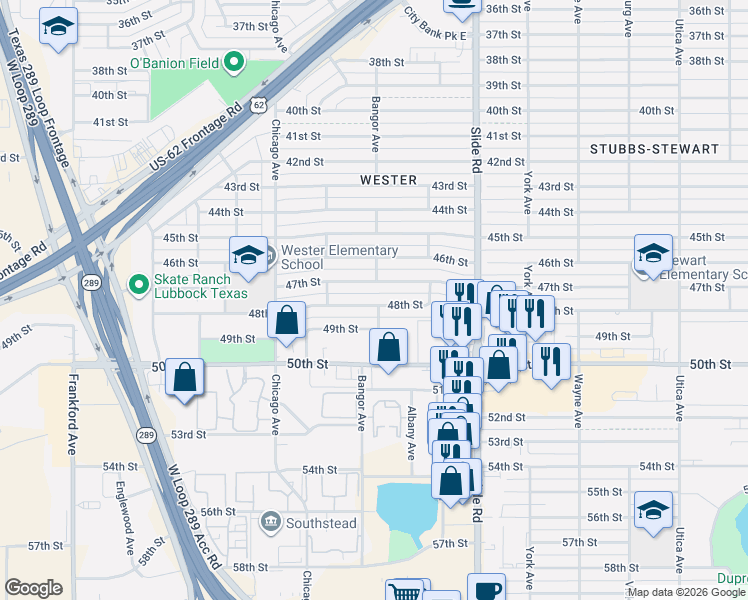 map of restaurants, bars, coffee shops, grocery stores, and more near 5319 48th Street in Lubbock