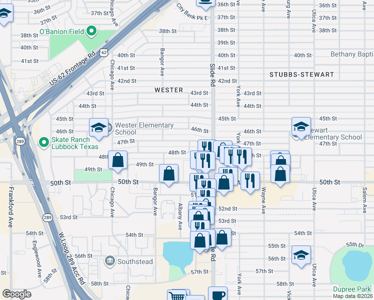 map of restaurants, bars, coffee shops, grocery stores, and more near 5305 48th Street in Lubbock