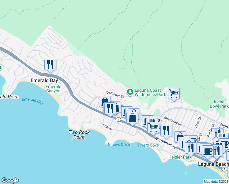 map of restaurants, bars, coffee shops, grocery stores, and more near 330 Cajon Terrace in Laguna Beach