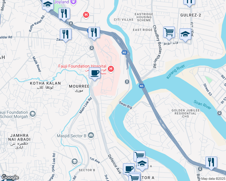 map of restaurants, bars, coffee shops, grocery stores, and more near Sawan Adda Road in Rawalpindi