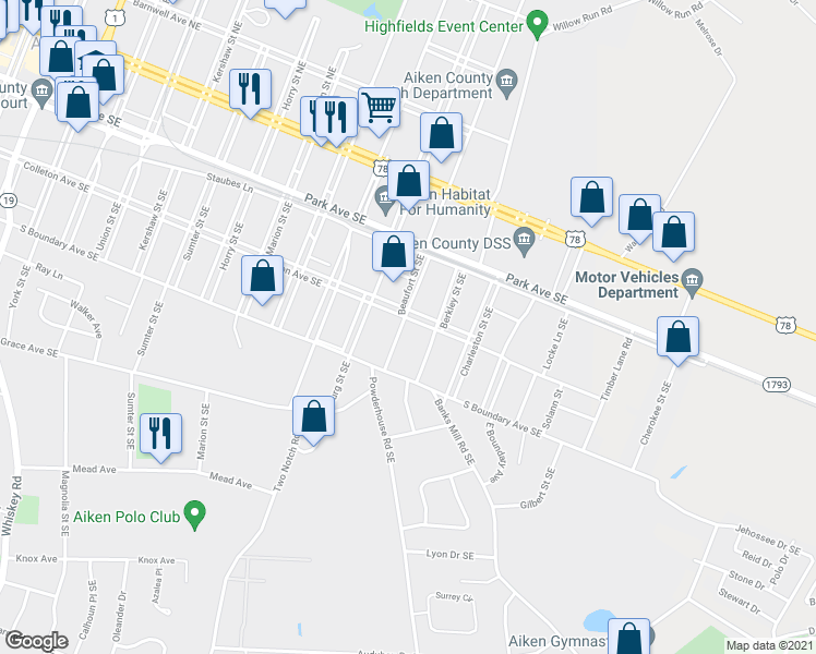 map of restaurants, bars, coffee shops, grocery stores, and more near 306 Beaufort Street Southeast in Aiken