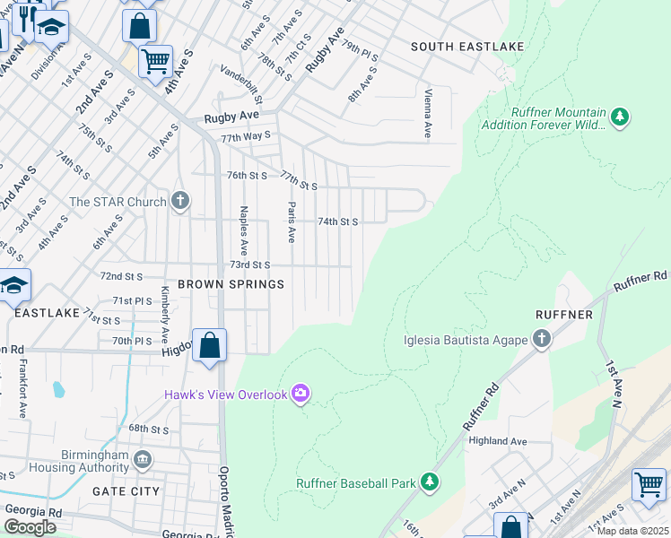 map of restaurants, bars, coffee shops, grocery stores, and more near 7244 Rome Avenue in Birmingham