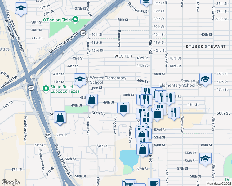 map of restaurants, bars, coffee shops, grocery stores, and more near 5406 48th Street in Lubbock