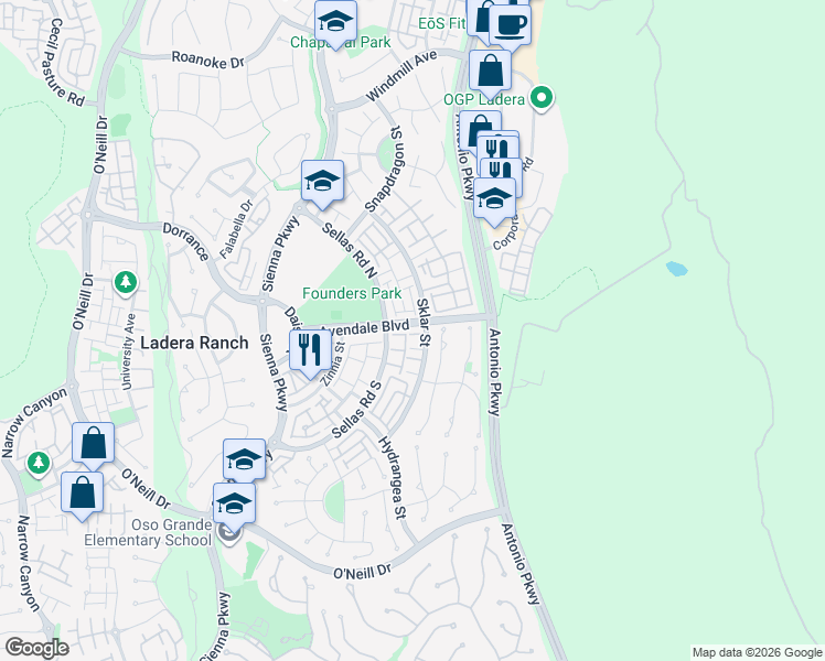 map of restaurants, bars, coffee shops, grocery stores, and more near 129 Sklar Street in Ladera Ranch