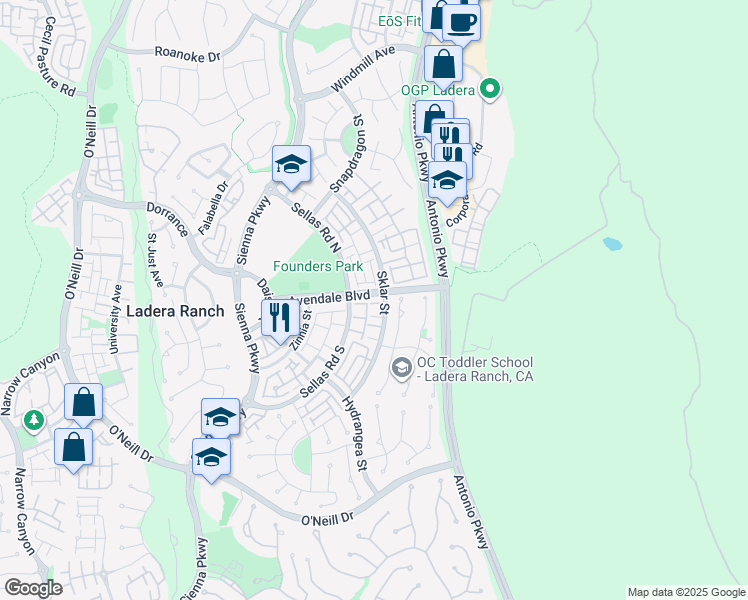 map of restaurants, bars, coffee shops, grocery stores, and more near 129 Sklar Street in Ladera Ranch