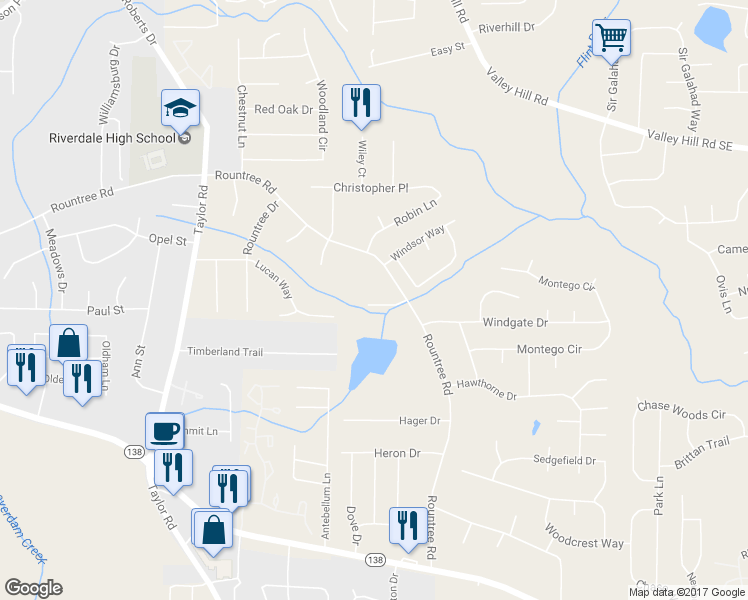 map of restaurants, bars, coffee shops, grocery stores, and more near 212 Hightower Trail in Riverdale