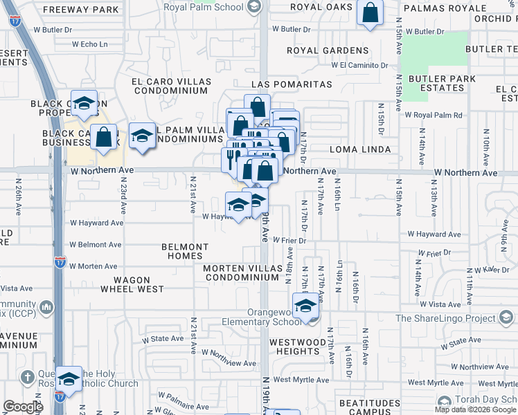 map of restaurants, bars, coffee shops, grocery stores, and more near 1914 West Hayward Avenue in Phoenix