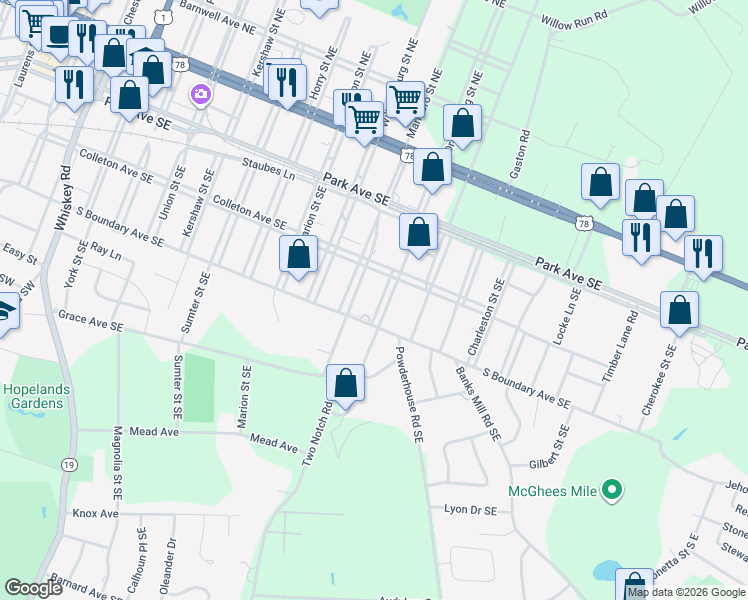 map of restaurants, bars, coffee shops, grocery stores, and more near 341 Orangeburg Street Southeast in Aiken