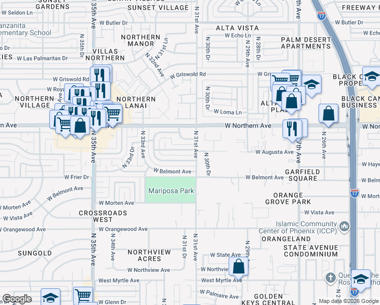map of restaurants, bars, coffee shops, grocery stores, and more near 3115 West Hayward Avenue in Phoenix