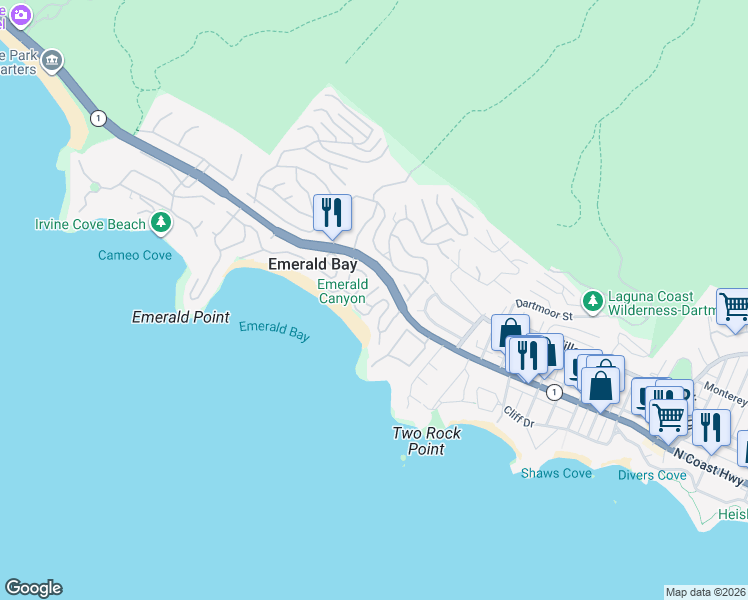 map of restaurants, bars, coffee shops, grocery stores, and more near 47 Emerald Bay in Laguna Beach