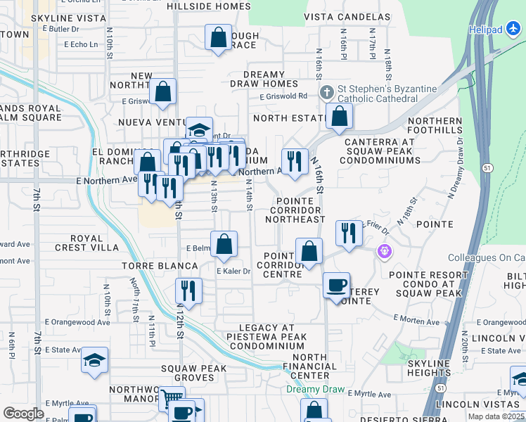 map of restaurants, bars, coffee shops, grocery stores, and more near 7810 North 14th Place in Phoenix