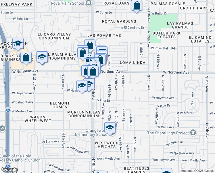 map of restaurants, bars, coffee shops, grocery stores, and more near 7731 North 18th Avenue in Phoenix