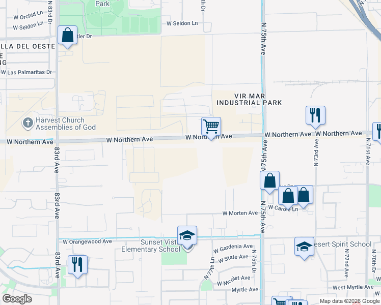 map of restaurants, bars, coffee shops, grocery stores, and more near 7723 N 79th Ave in Glendale