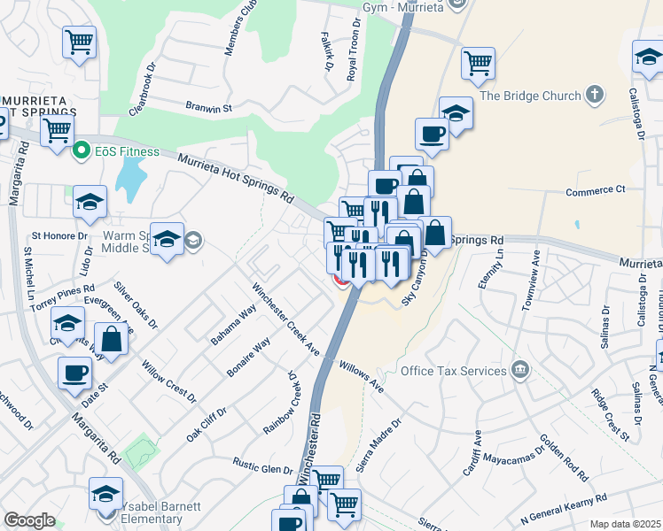 map of restaurants, bars, coffee shops, grocery stores, and more near 39261 Delhaven Street in Murrieta