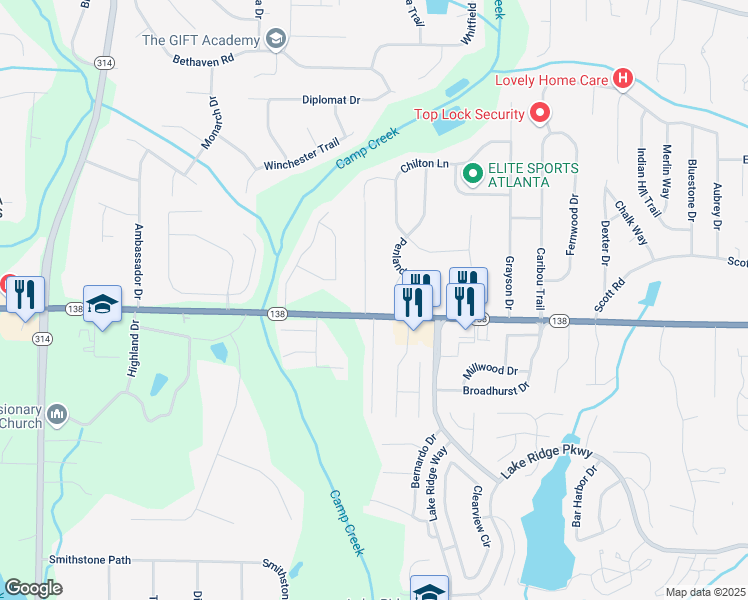 map of restaurants, bars, coffee shops, grocery stores, and more near 1367 Georgia 138 in Riverdale