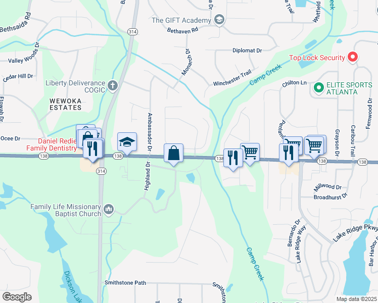 map of restaurants, bars, coffee shops, grocery stores, and more near 1612 Nations Trail in Riverdale