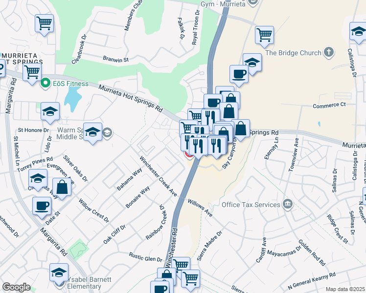 map of restaurants, bars, coffee shops, grocery stores, and more near 39261 Delhaven Street in Murrieta