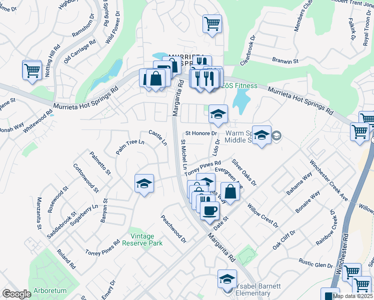 map of restaurants, bars, coffee shops, grocery stores, and more near 26422 Saint Michel Lane in Murrieta