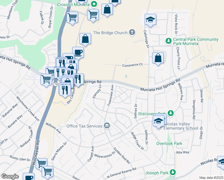 map of restaurants, bars, coffee shops, grocery stores, and more near Townview Ave & Montego Bay in Murrieta