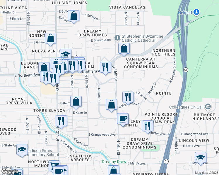 map of restaurants, bars, coffee shops, grocery stores, and more near 7740 North 16th Street in Phoenix