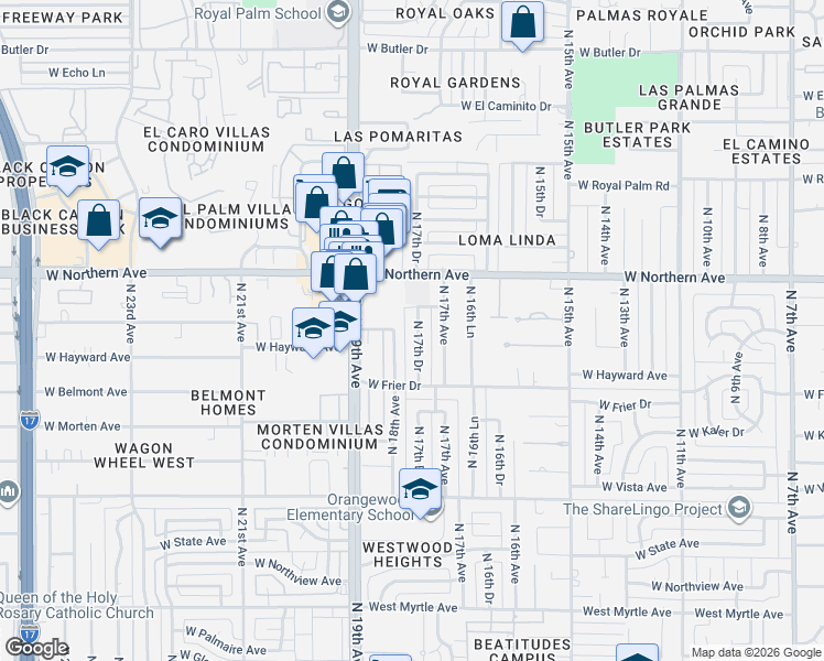 map of restaurants, bars, coffee shops, grocery stores, and more near 7731 North 18th Avenue in Phoenix