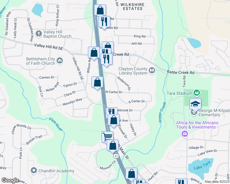 map of restaurants, bars, coffee shops, grocery stores, and more near 751 North Carter Drive in Jonesboro