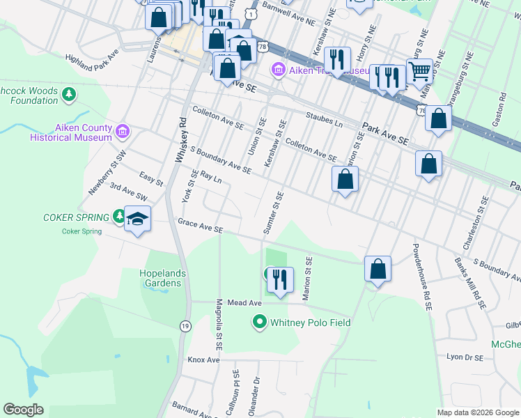 map of restaurants, bars, coffee shops, grocery stores, and more near 422 Windsor Place in Aiken