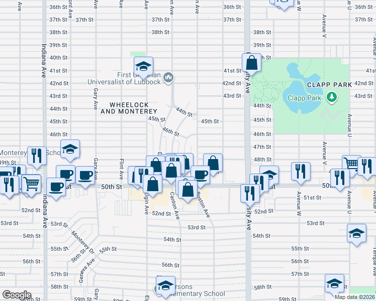 map of restaurants, bars, coffee shops, grocery stores, and more near 4607 Belton Avenue in Lubbock