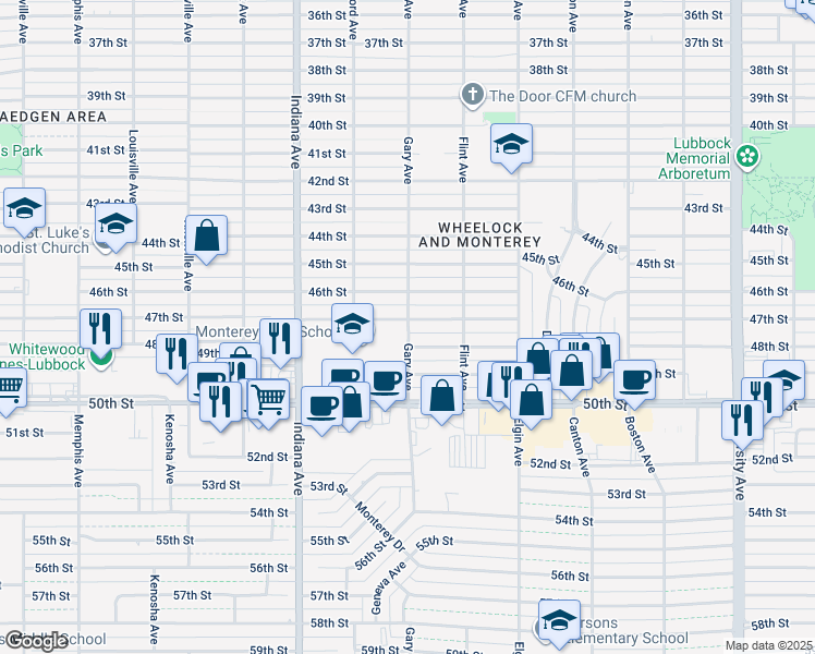 map of restaurants, bars, coffee shops, grocery stores, and more near in Lubbock