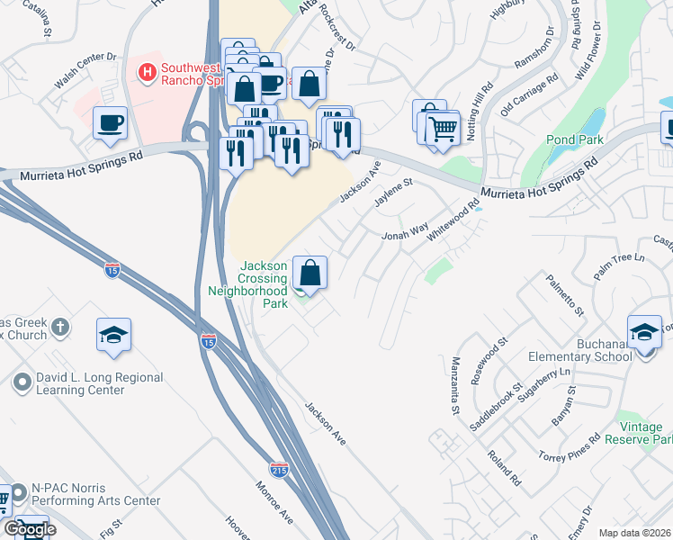 map of restaurants, bars, coffee shops, grocery stores, and more near 40355 Hannah Way in Murrieta
