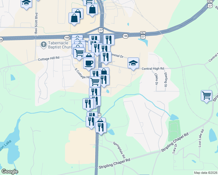 map of restaurants, bars, coffee shops, grocery stores, and more near 42 Sue Alice Lane in Carrollton