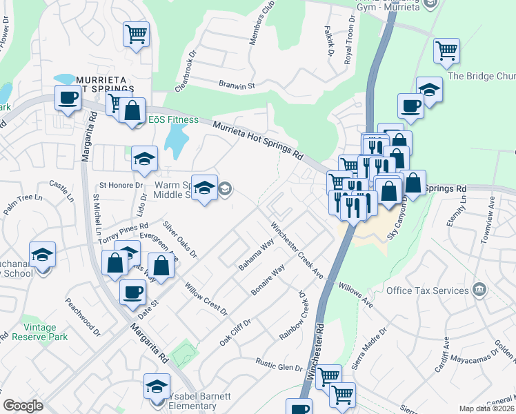 map of restaurants, bars, coffee shops, grocery stores, and more near Date St & Winchester Creek Ave in Murrieta