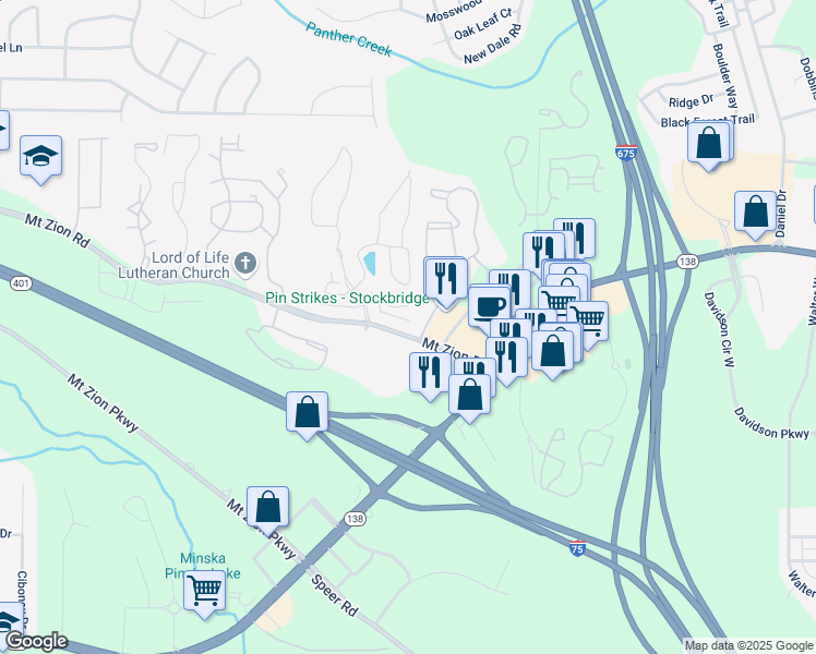 map of restaurants, bars, coffee shops, grocery stores, and more near 3460 Mount Zion Road in Stockbridge