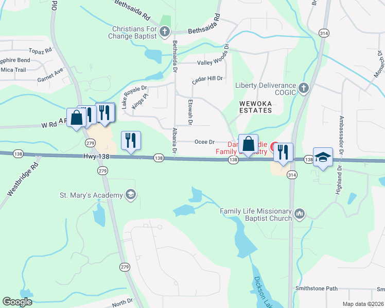 map of restaurants, bars, coffee shops, grocery stores, and more near 2055 Highway 138 Southwest in Riverdale