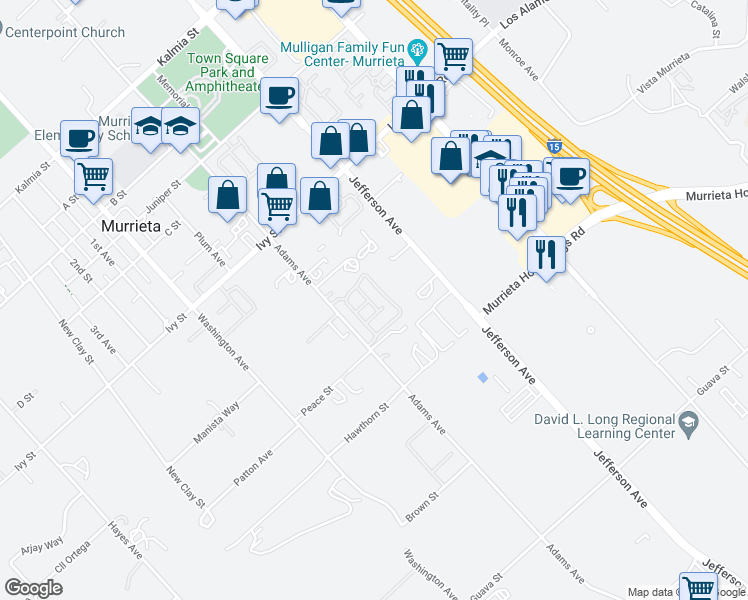 map of restaurants, bars, coffee shops, grocery stores, and more near 25148 Crest Haven Street in Murrieta