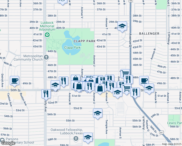 map of restaurants, bars, coffee shops, grocery stores, and more near 2105 47th Street in Lubbock