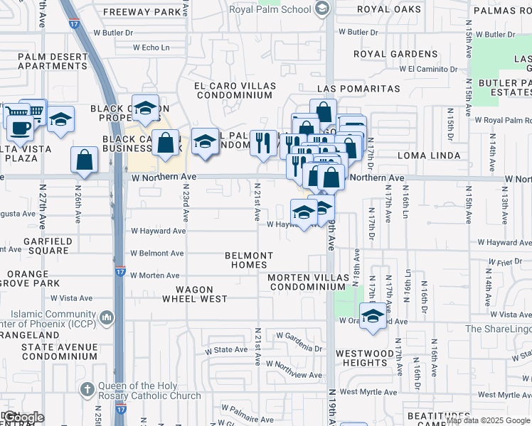 map of restaurants, bars, coffee shops, grocery stores, and more near 2102 West Augusta Avenue in Phoenix