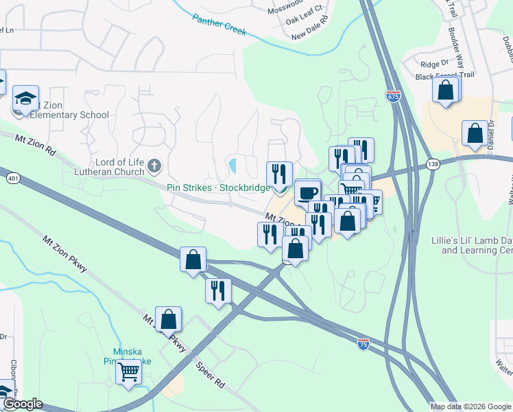 map of restaurants, bars, coffee shops, grocery stores, and more near 3386 Mount Zion Road in Stockbridge