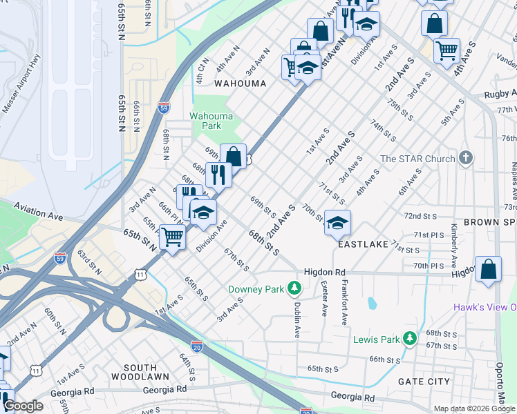 map of restaurants, bars, coffee shops, grocery stores, and more near 6830 1st Avenue South in Birmingham