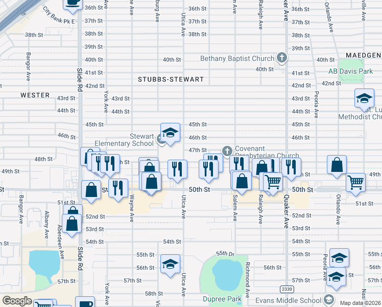map of restaurants, bars, coffee shops, grocery stores, and more near 4715 47th Street in Lubbock