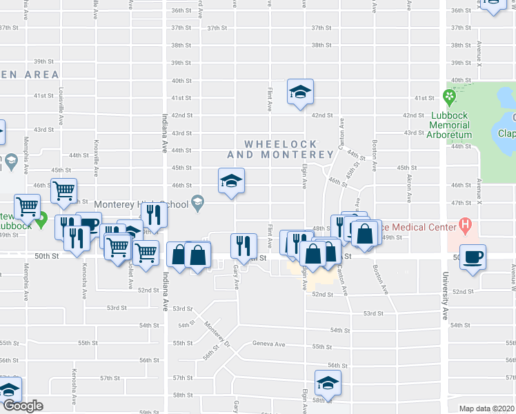 map of restaurants, bars, coffee shops, grocery stores, and more near 3107 47th Street in Lubbock