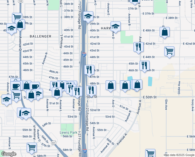 map of restaurants, bars, coffee shops, grocery stores, and more near 523 46th Street in Lubbock