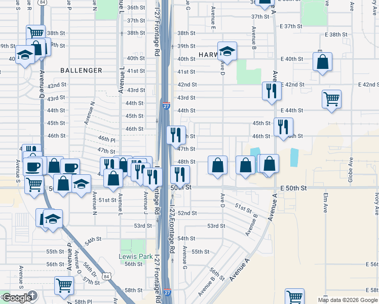 map of restaurants, bars, coffee shops, grocery stores, and more near 523 46th Street in Lubbock