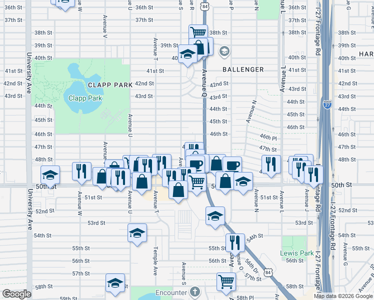 map of restaurants, bars, coffee shops, grocery stores, and more near 1902 47th Street in Lubbock