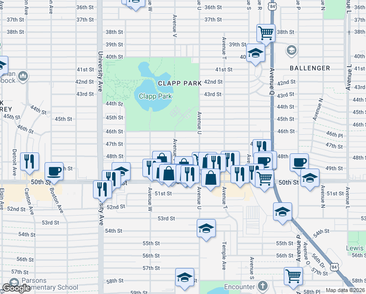 map of restaurants, bars, coffee shops, grocery stores, and more near 2116 47th Street in Lubbock