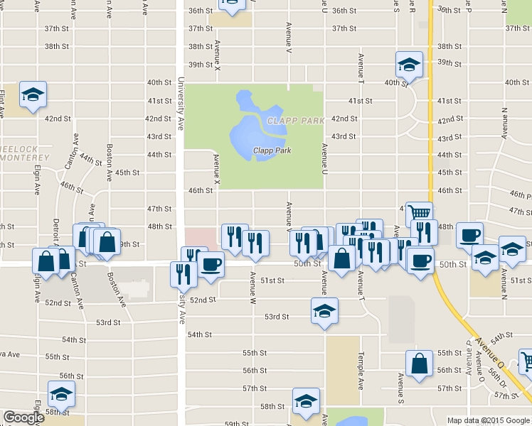 map of restaurants, bars, coffee shops, grocery stores, and more near 2212 47th Street in Lubbock