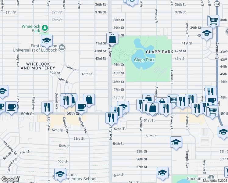 map of restaurants, bars, coffee shops, grocery stores, and more near 2409 46th Street in Lubbock