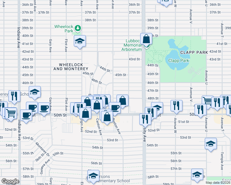 map of restaurants, bars, coffee shops, grocery stores, and more near 2616 47th Street in Lubbock